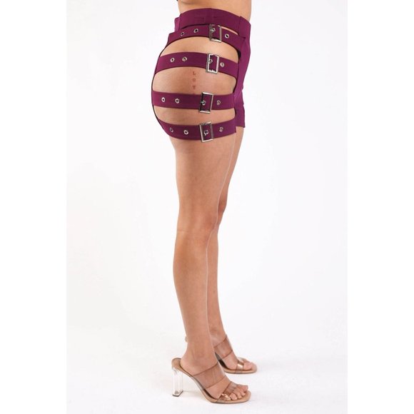 Women's Casual Belted Detailed Purple Sexy Shorts Elastic High Waist Back Zip - Picture 2 of 8